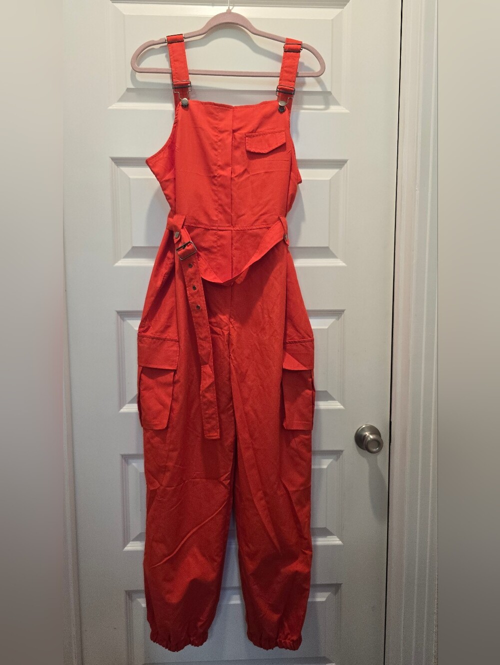 Women's Deep Orange Cargo Jumpsuit with Adjustable Straps